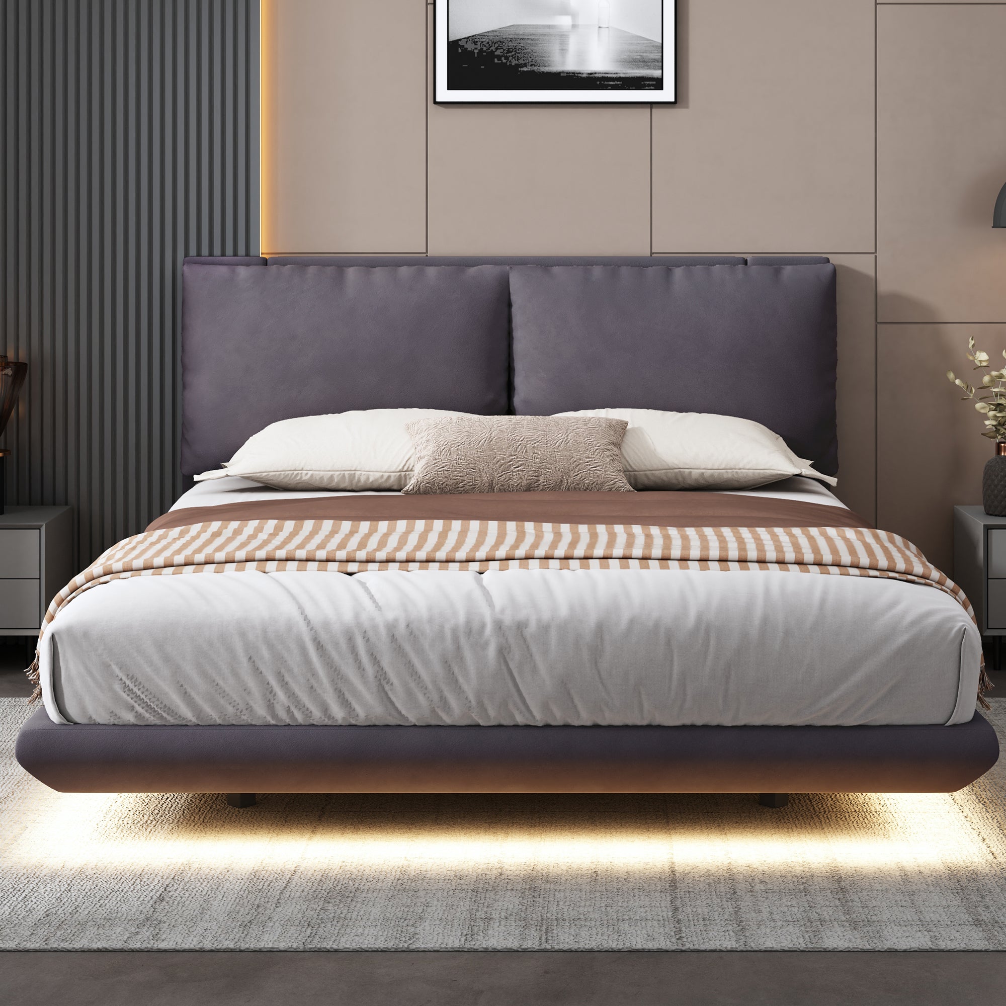Queen Size Upholstered Platform Bed with Sensor Light and 2 Large Backrests, Stylish Platform Bed with 2 sets of USB Port and Socket on each rear Bed Leg, Gray - Atlantic Fine Furniture Melbourne FL