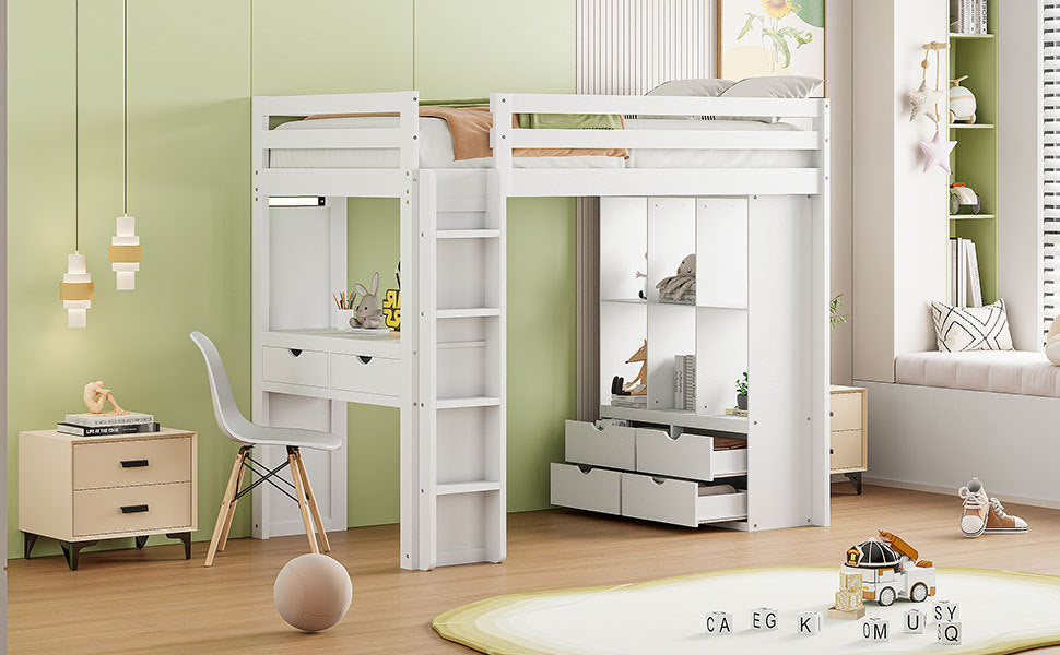 Twin Size Loft Bed with large shelves, writing desk and LED Light, White - Atlantic Fine Furniture Melbourne FL