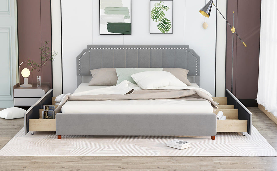 King Size Upholstery Platform Bed with Four Storage Drawers,Support Legs,Grey - Atlantic Fine Furniture Melbourne FL