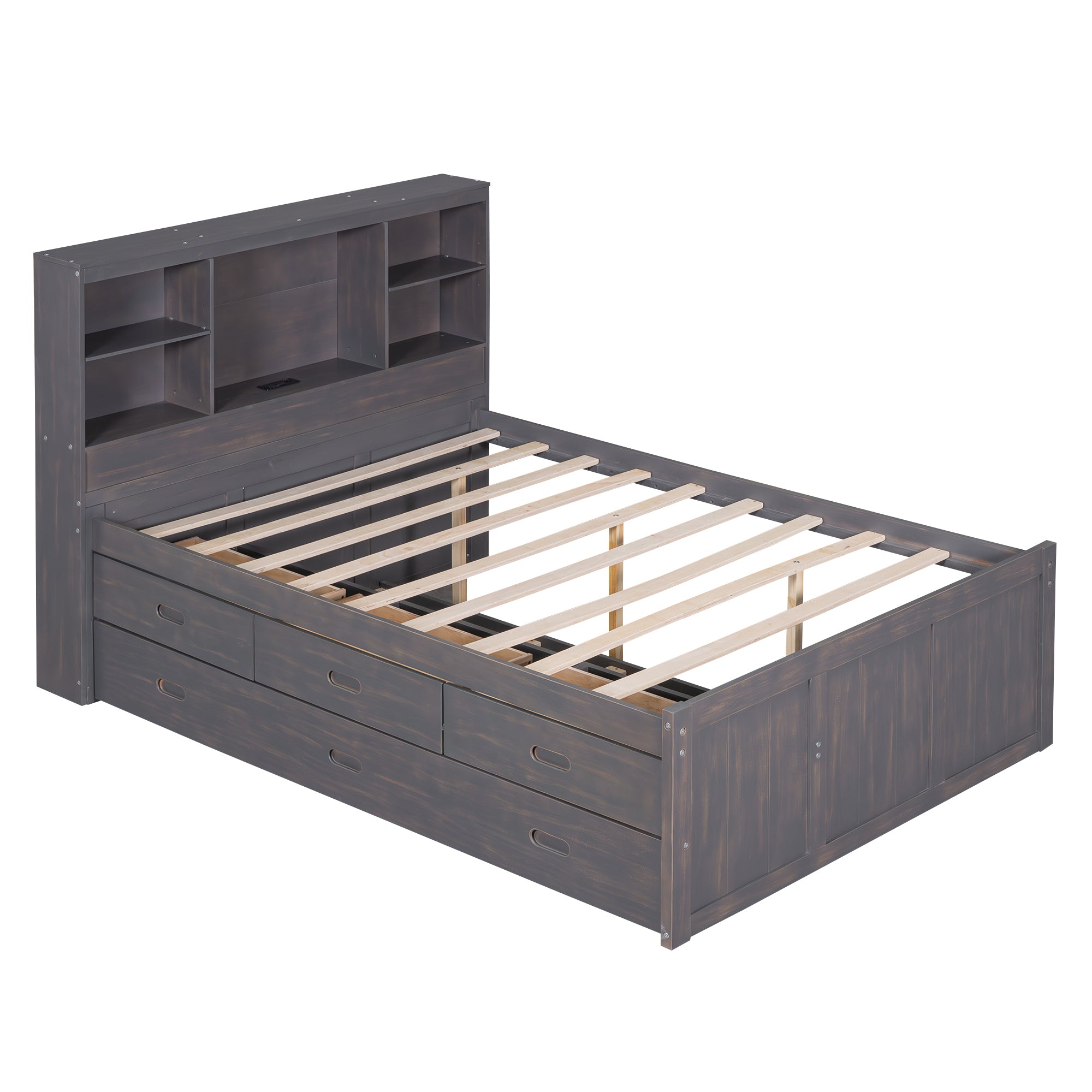 Full Size Platform Bed with Storage Headboard, Charging Station, Twin Size Trundle and 3 Drawers, Antique Brown