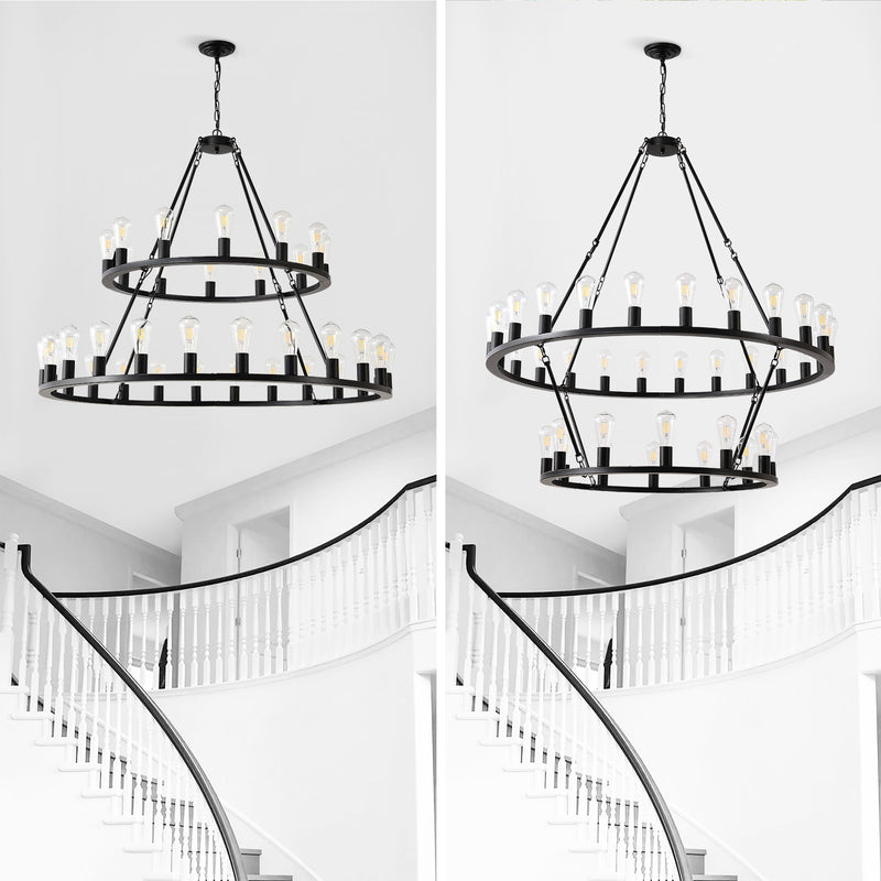 Extra Large Wagon Wheel Chandelier, 2 Tier 36 Lights (No Include) Farmhouse Industrial Round High Ceiling Pendant Light Adjustable Chain, For Dining Room, Living Room, Kitchen - Black