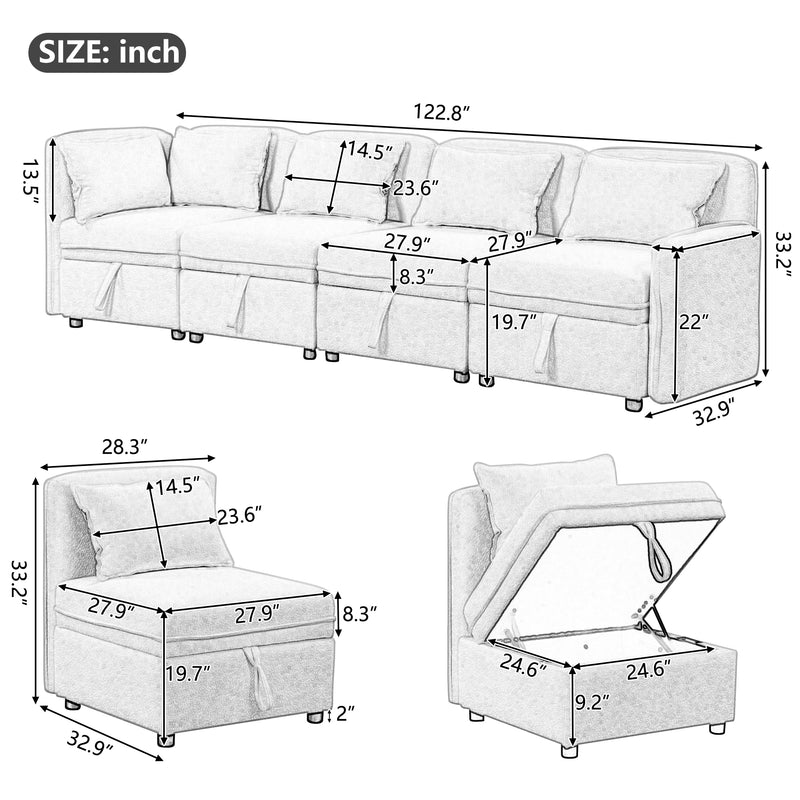 122.8" Convertible Modular Minimalist Sofa Free Combination 4 Seater Sofa Chenille Fabric Sectional sofa with 5 Pillows for Living Room, Office, Apartment, Small Space, Gray