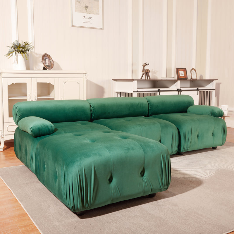 Modular Sectional Sofa Couch, Modern L Shaped Cloud Couch with Reversible Ottoman Convertible Button Tufted Velvet Fabric Couches for Living Room, DIY Combination,Green