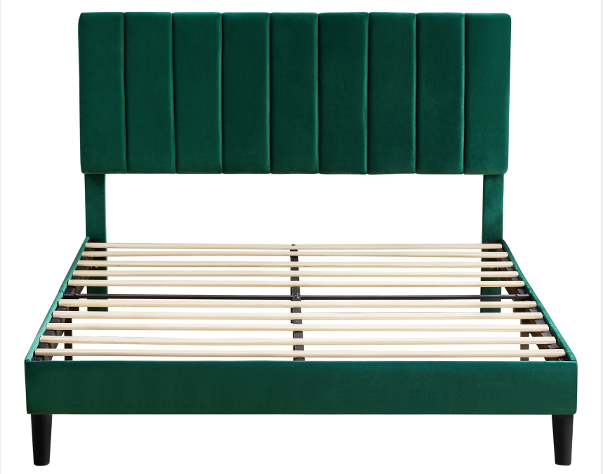 Queen Size Platform Bed with Upholstered Headboard and Slat Support, Heavy Duty Mattress Foundation, No Box Spring Required, Easy to Assemble, Green