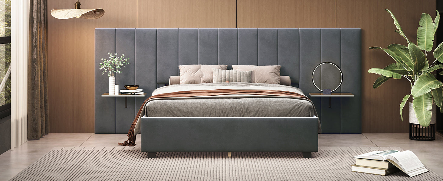 Queen Size Upholstered Platform Bed with Big Headboard, Bedroom Furniture, Velvet, Gray - Atlantic Fine Furniture Melbourne FL