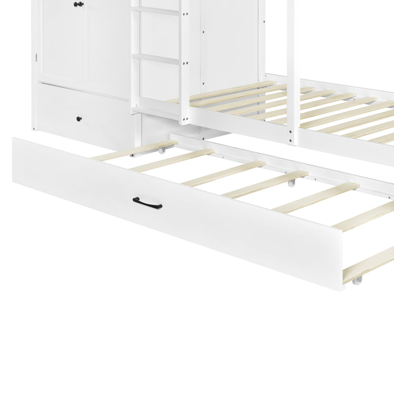 Twin-over-twin Bunk Bed with Wardrobe, Drawers and Shelves, White