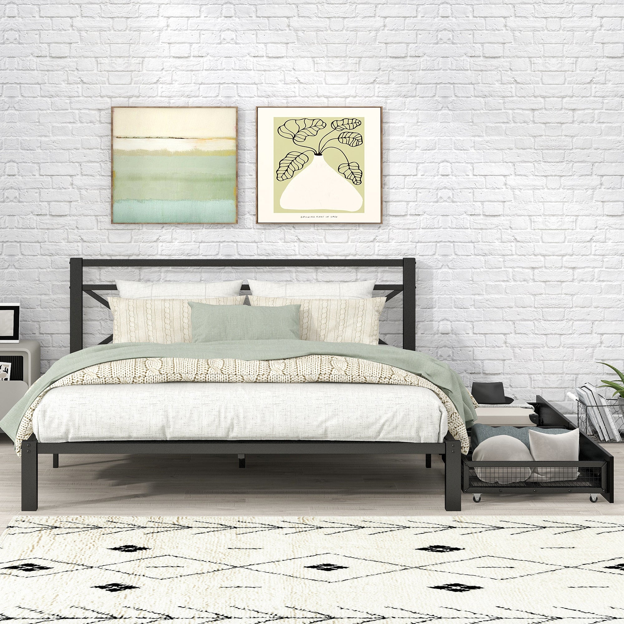 Metal Platform Bed with 2 Drawers, Queen (Black) - Atlantic Fine Furniture Melbourne FL