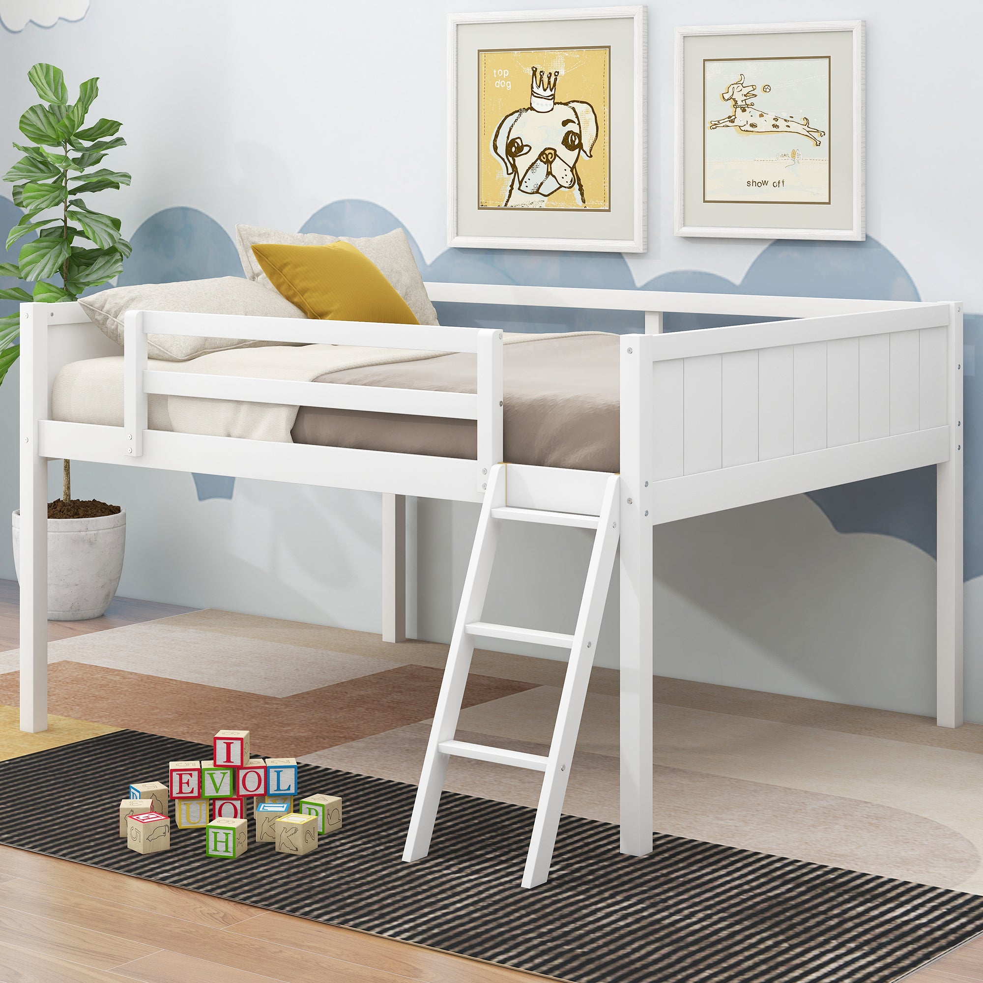Full Size Wood Loft Bed with Ladder, ladder can be placed on the left or right, White - Atlantic Fine Furniture Melbourne FL