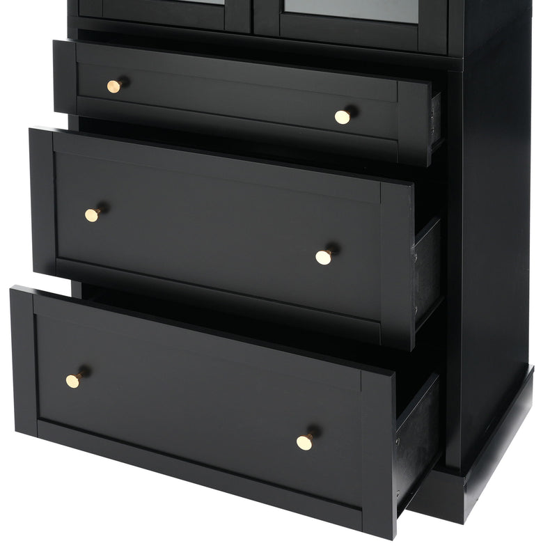 Freestanding Tall Bathroom Cabinet With Adjustable Shelves, Drawers, Soft Close Glass Doors - Black
