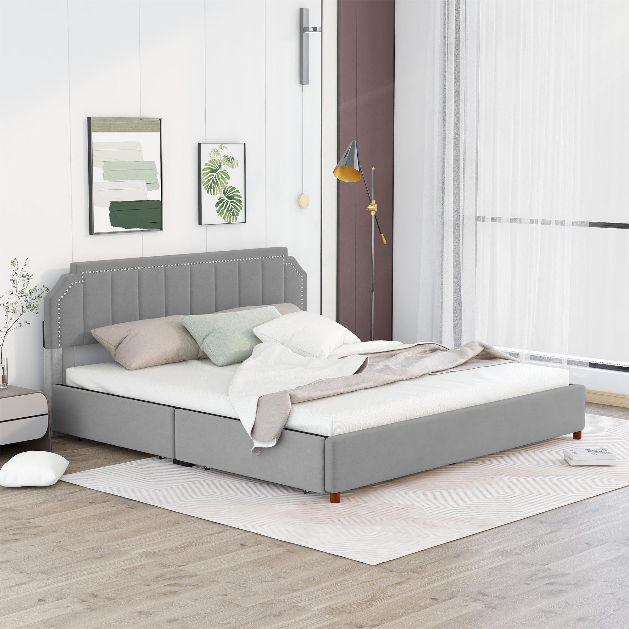 King Size Upholstery Platform Bed with Four Storage Drawers,Support Legs,Grey - Atlantic Fine Furniture Melbourne FL