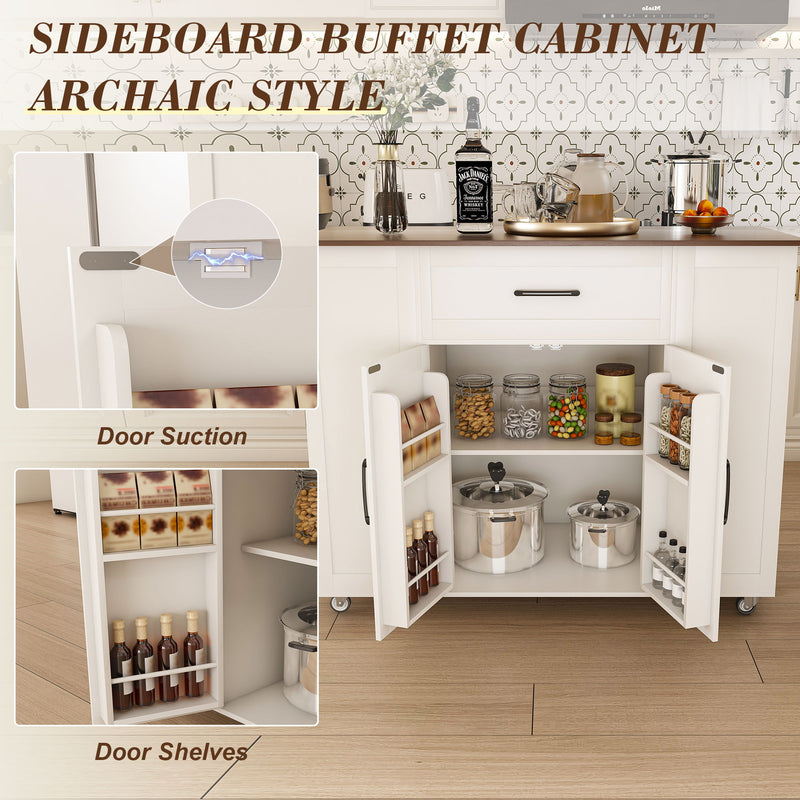 Rustic Movable Kitchen Island On Wheels With Storage & Power Outlet - White