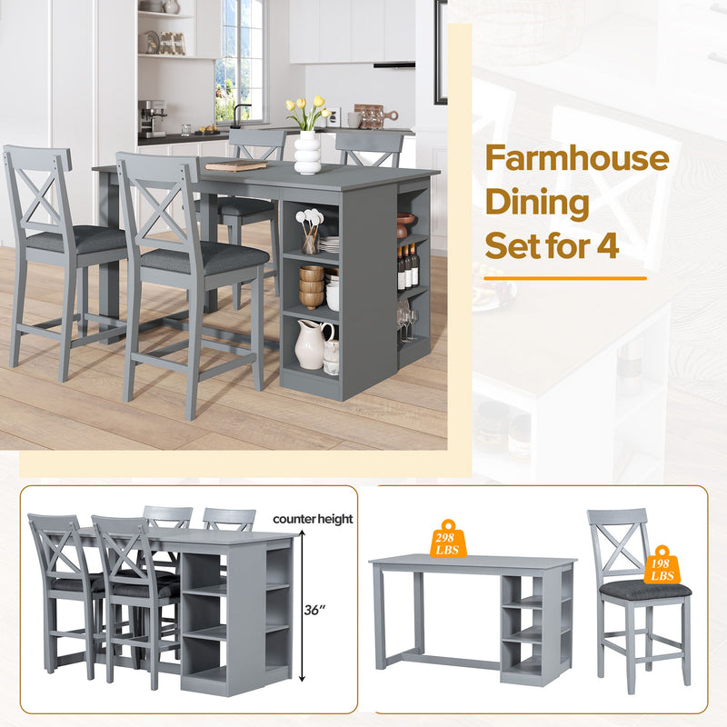 Solid Wood Farmhouse Counter Height Dining Table Set With 3 Tier Storage Shelves