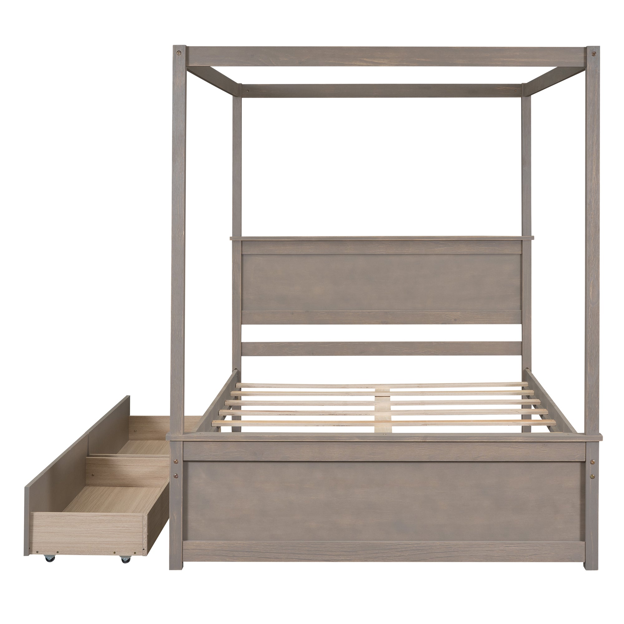 Wood Canopy Bed with two Drawers, Full Size Canopy Platform bed With Support Slats .No Box Spring Needed, Brushed Light Brown - Atlantic Fine Furniture Melbourne FL