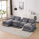 U Shaped Sofa With Console, Cupholders, USB Ports, 6 Seat, Bronzing Suede & Chenille