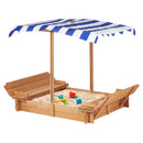 Kids Sandbox With Adjustable Cover, Sand Box With 2 Foldable Bench Seats, Outdoor Sandpit For Backyard Play - Light Brown