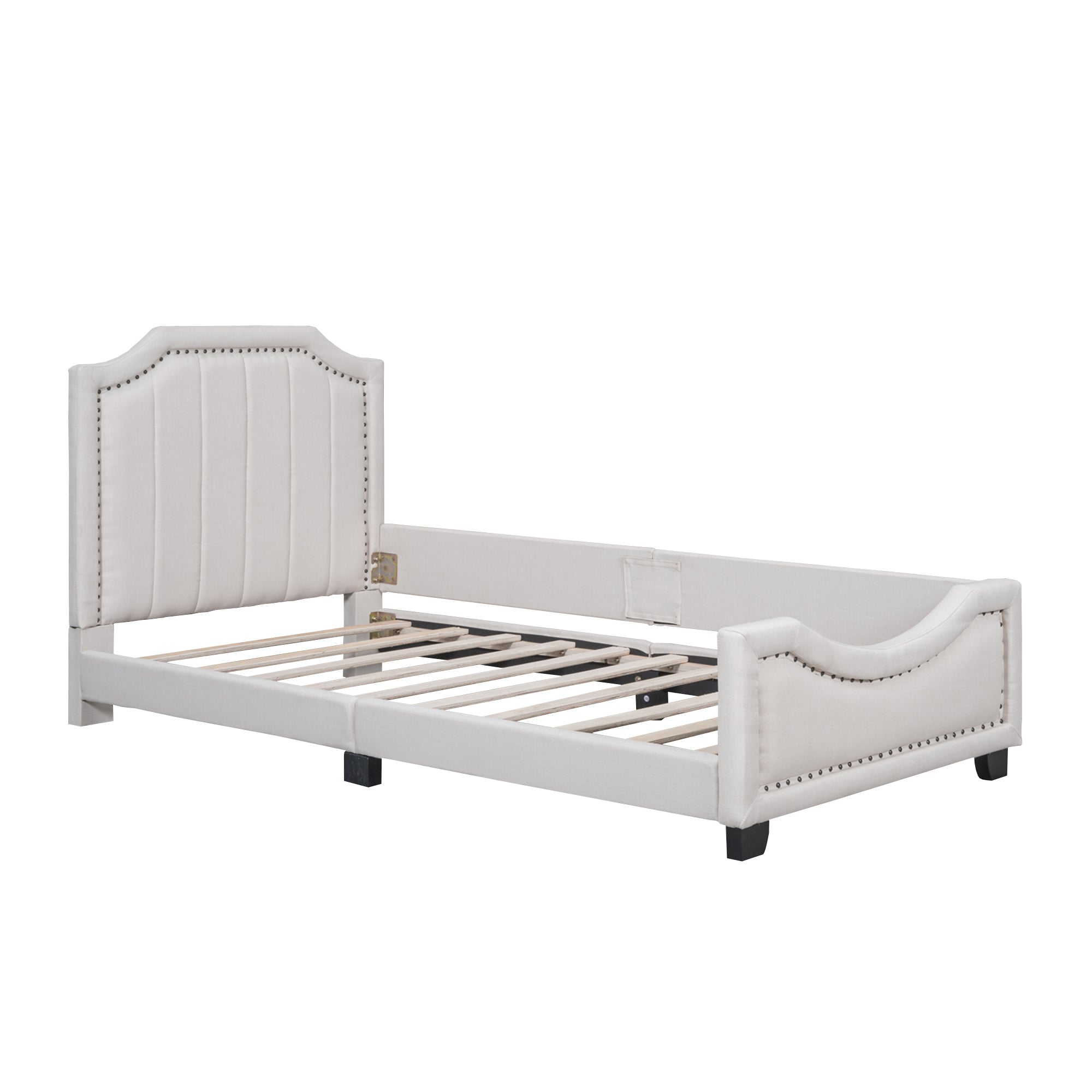 Twin Size Upholstered Platform Bed with Nailhead Trim Decoration and Guardrail, Beige - Atlantic Fine Furniture Melbourne FL