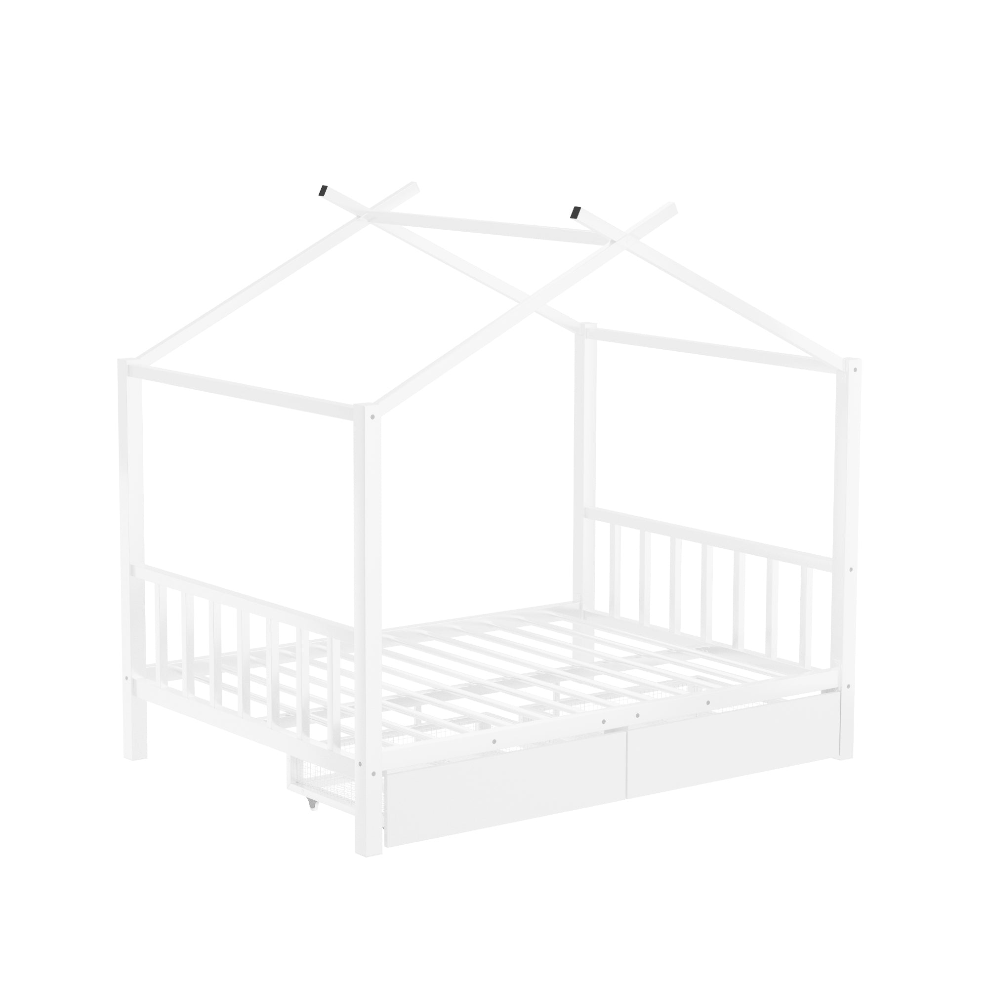 Full Size Metal House Platform Bed with Two Drawers,Headboard and Footboard,Roof Design,White