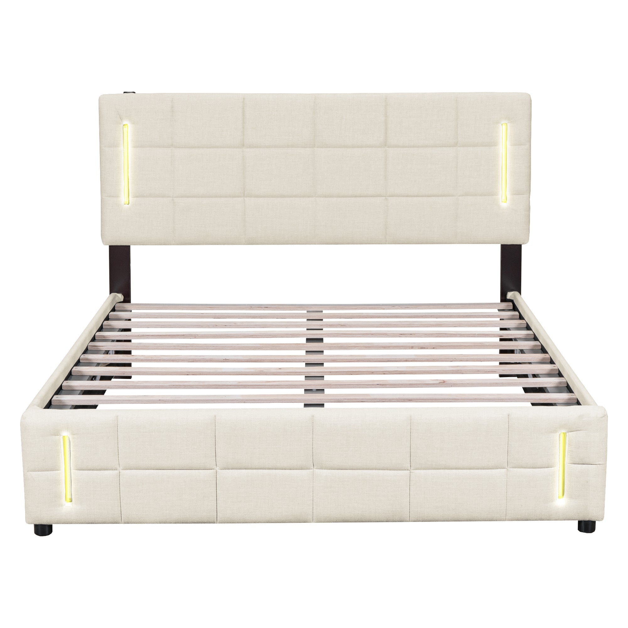 Full Size Upholstered Bed with Hydraulic Storage System and LED Light, Beige