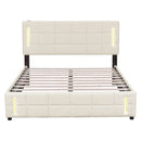 Full Size Upholstered Bed with Hydraulic Storage System and LED Light, Beige