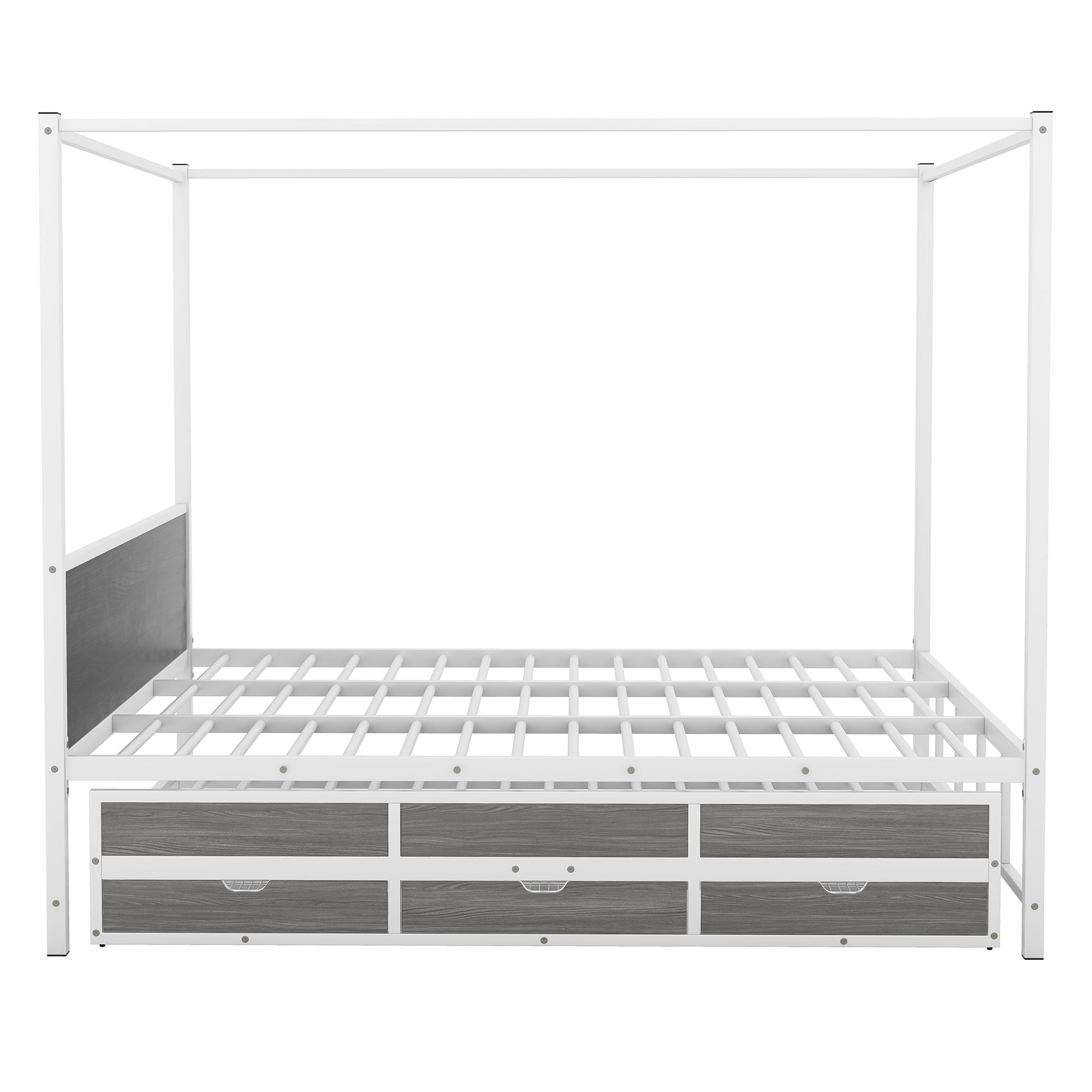 Queen Size Metal Canopy Platform Bed with Twin Size Trundle and 3 Storage Drawers, White - Atlantic Fine Furniture Melbourne FL