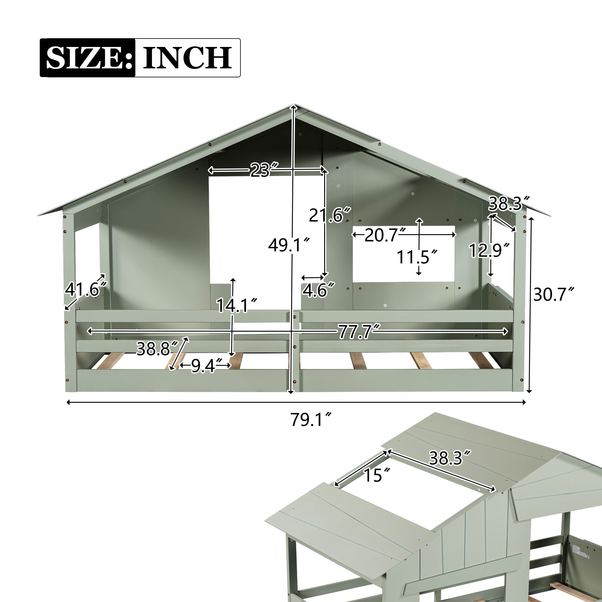 Wood Twin Size House Bed with Roof, Window and Guardrail, Light Green - Atlantic Fine Furniture Melbourne FL