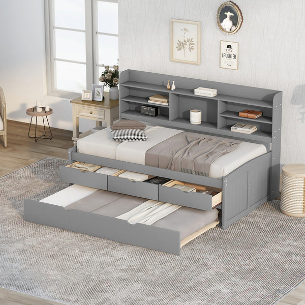Twin Size Wooden Captain Bed with Built-in Bookshelves,Three Storage Drawers and Trundle,Light Grey