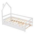 Twin House Wooden Daybed with trundle, Twin House-Shaped Headboard  bed with Guardrails,White