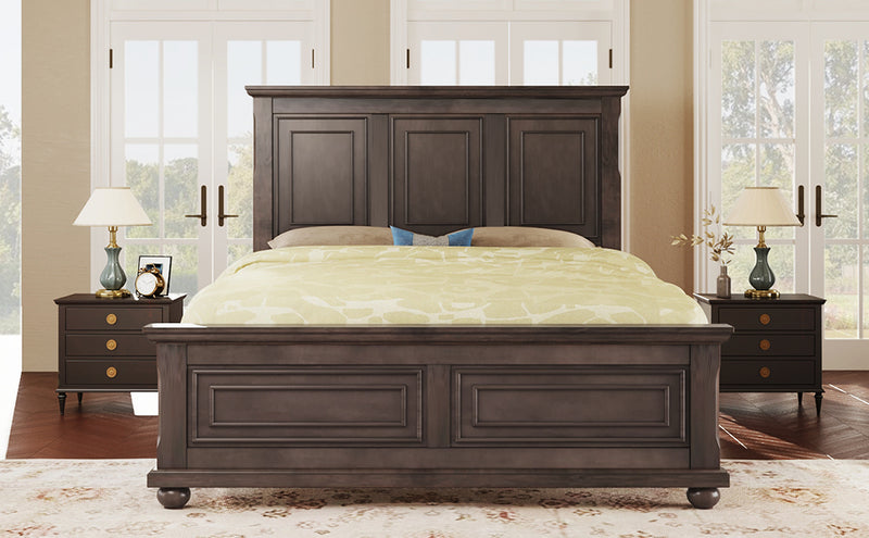 Traditional Town and Country Style Pinewood Vintage Queen Bed, Rich Brown