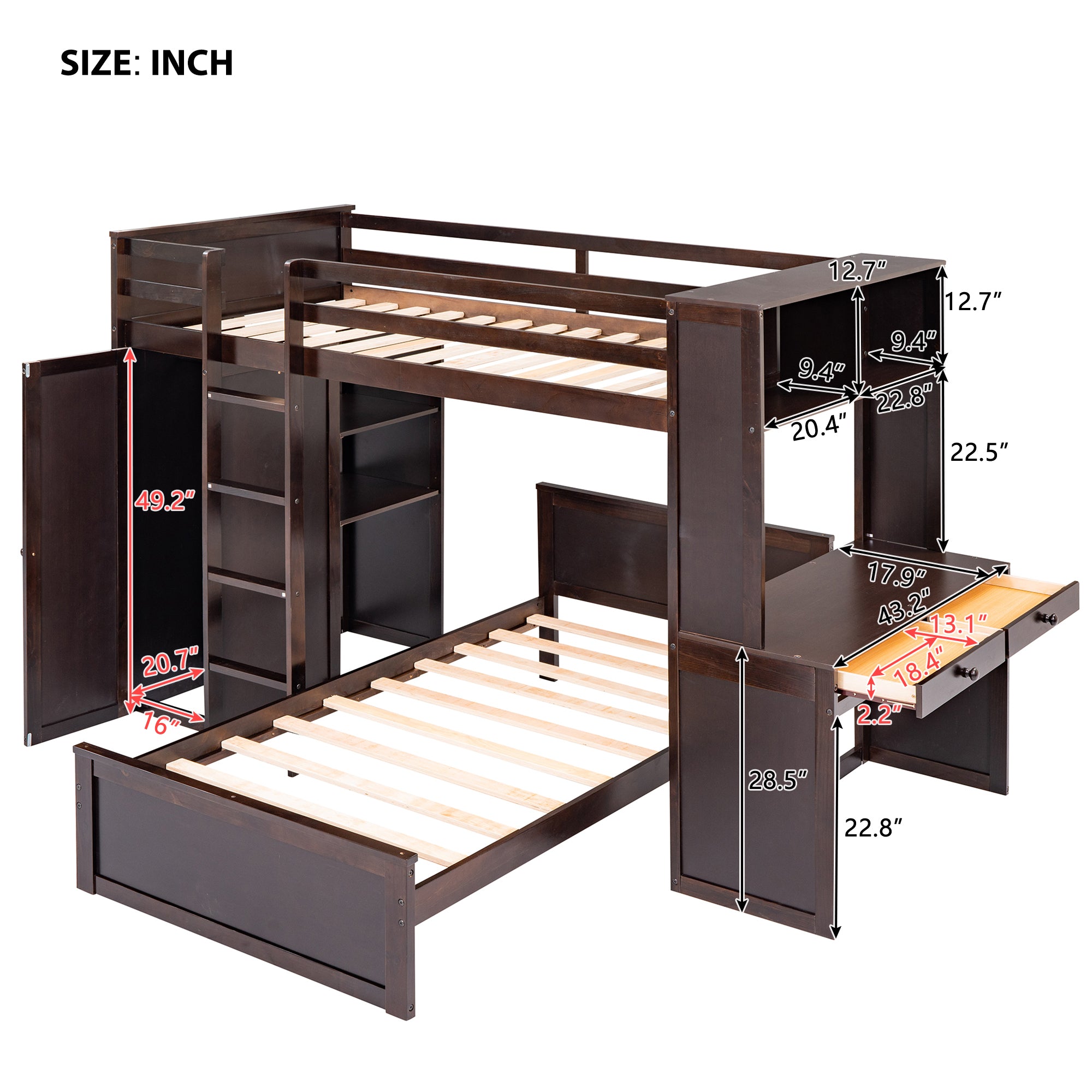 Twin size Loft Bed with a Stand-alone bed, Shelves,Desk,and Wardrobe-Espresso - Atlantic Fine Furniture Melbourne FL
