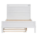 Full Size Platform Bed with Storage Headboard and Twin Size Trundle, White
