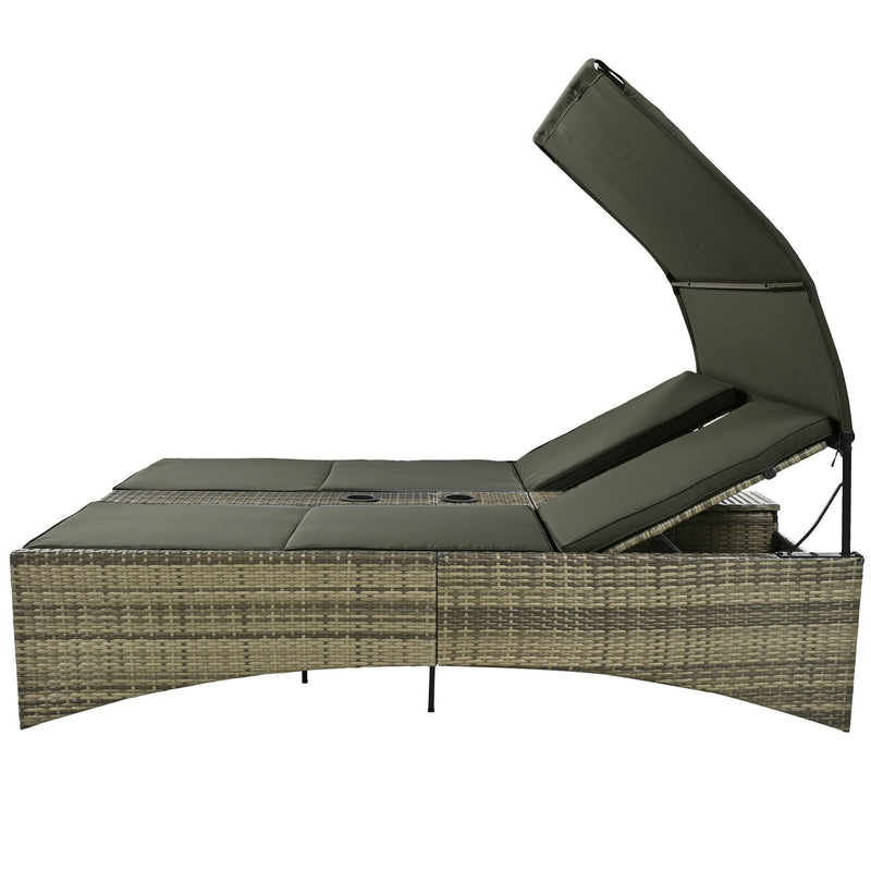 Patio Daybed Outdoor Daybed Sun Lounger With Shelter Roof With Adjustable Backrest, Storage Box And 2 Cup Holders For Patio, Balcony, Poolside