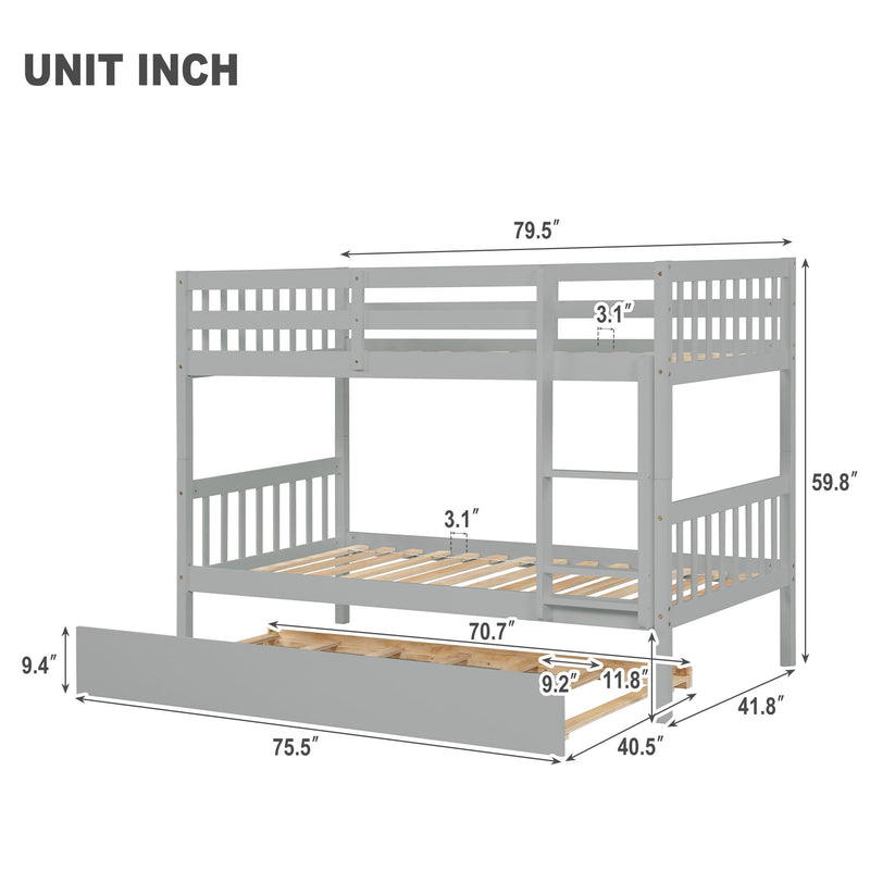 Twin Over Twin Bunk Beds With Trundle, Solid Wood Trundle Bed Frame With Safety Rail And Ladder, Kids / Teens Bedroom, Guest Room Furniture, Can Be Converted Into 2 Beds - Gray