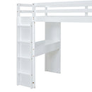 Full Size Loft Bed with large shelves, writing desk and LED Light, White