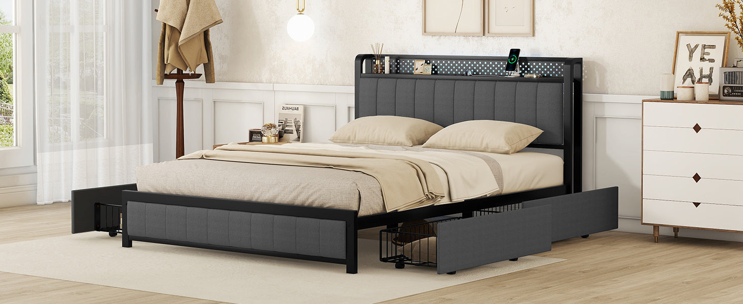 Queen Bed Frame with LED Headboard, Upholstered Bed with 4 Storage Drawers and USB Ports, Dark Grey - Atlantic Fine Furniture Melbourne FL