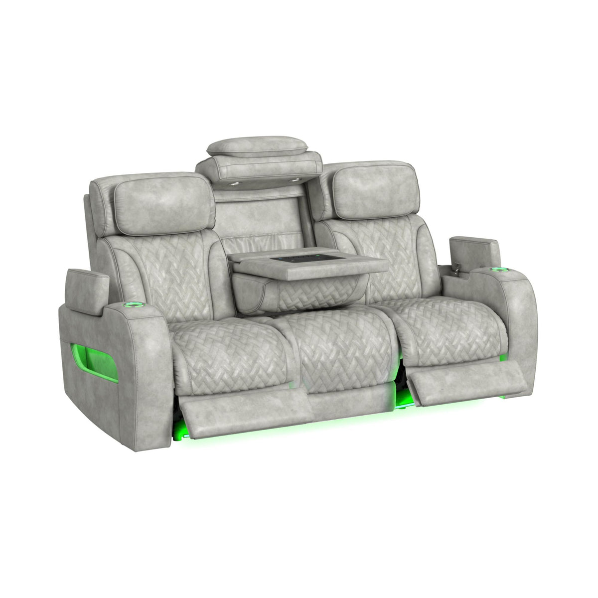 Prime Time P3 Sofa With Ddt, 3.0 Table, 7 Colors (Led And Cup Holders), Reading Light, Vibration, Speaker, And Heat Massage in Leather Gel Light Gray by Elements International, view 16