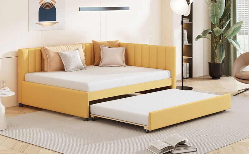 Full Size Upholstered Daybed with Trundle Sofa Bed Frame No Box Spring Needed Linen Fabric Yellow Atlantic Fine Furniture Inc
