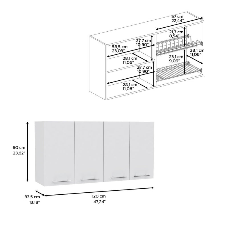 Wall Cabinet Four Doors, With Two Internal Shelves And Internal Plate And Glass Organizer - White