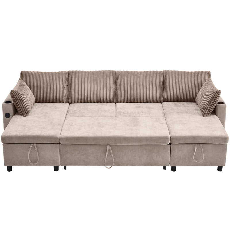 Sectional Sofa Bed With Pull Out Sleeper, USB Ports, Cup Holders