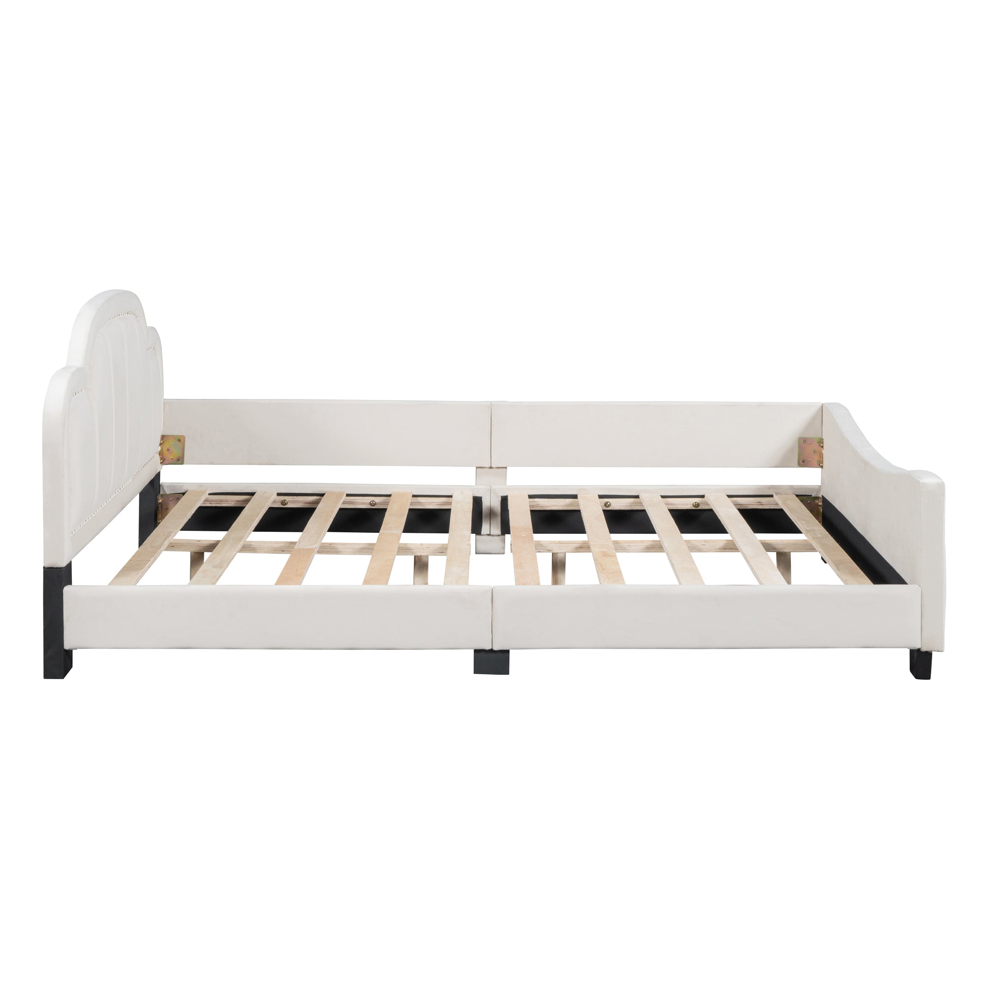 Full Size Upholstered Daybed with Cloud Shaped Headboard, Embedded Elegant Copper Nail Design, Beige - Atlantic Fine Furniture Melbourne FL