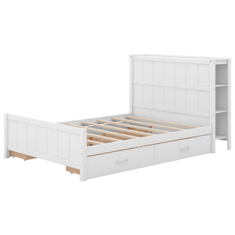 Full Size Platform Bed with Drawers and Storage Shelves, White