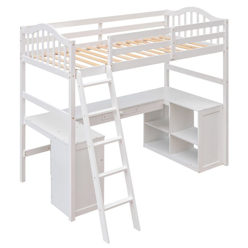 Twin size Loft Bed with Drawers, Cabinet, Shelves and Desk, Wooden Loft Bed with Desk - White(OLD SKU :LT000505AAK)