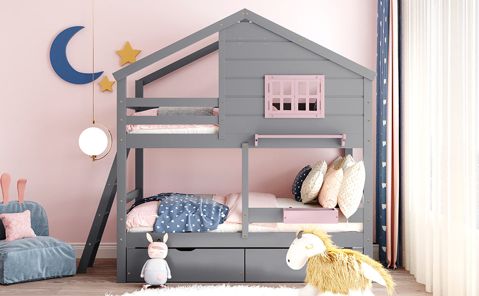 Twin over Twin Bunk Bed with 2 Drawers, 1 Storage Box, 1 Shelf, Window and Roof-Gray(OLD SKU:LT000608AAE) - Atlantic Fine Furniture Melbourne FL