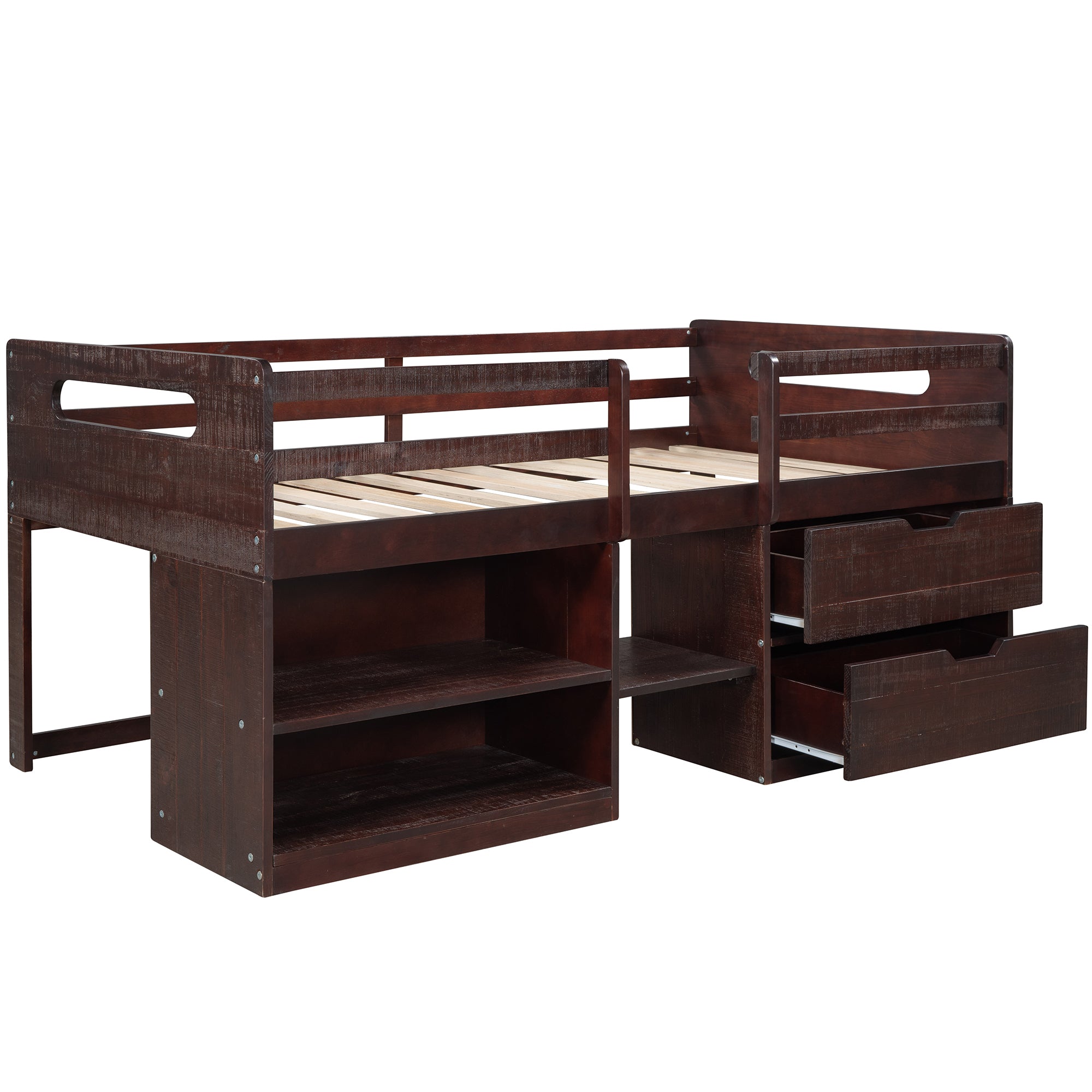 Twin size Loft Bed with Two Shelves and Two drawers (Antique Espresso) - Atlantic Fine Furniture Melbourne FL