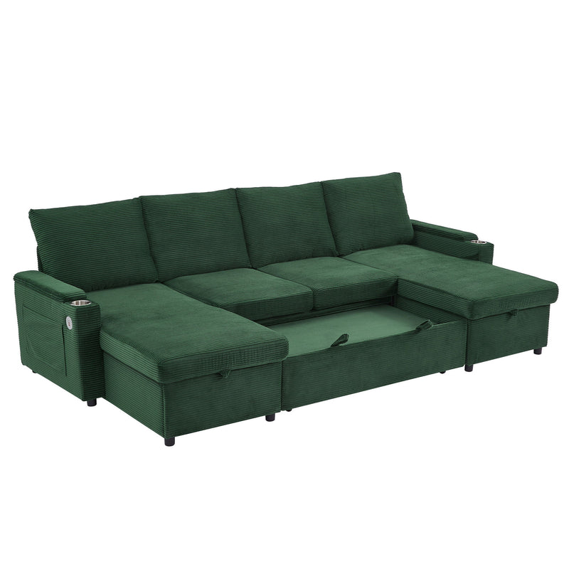 U Shaped Sectional Sofa Bed With Storage Chaise Lounges, USB Ports, And Cup Holders