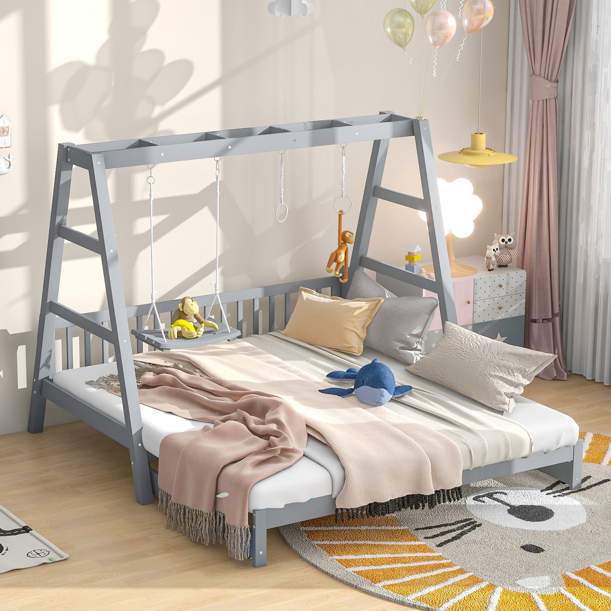 Extendable Twin Daybed with Swing and Ring Handles, Gray(Twin bed can be pulled out to be King) - Atlantic Fine Furniture Melbourne FL