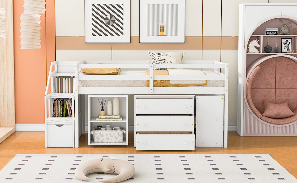 Twin Size Loft Bed with Retractable Writing Desk and 3 Drawers, Wooden Loft Bed with Storage Stairs and Shelves, White - Atlantic Fine Furniture Melbourne FL