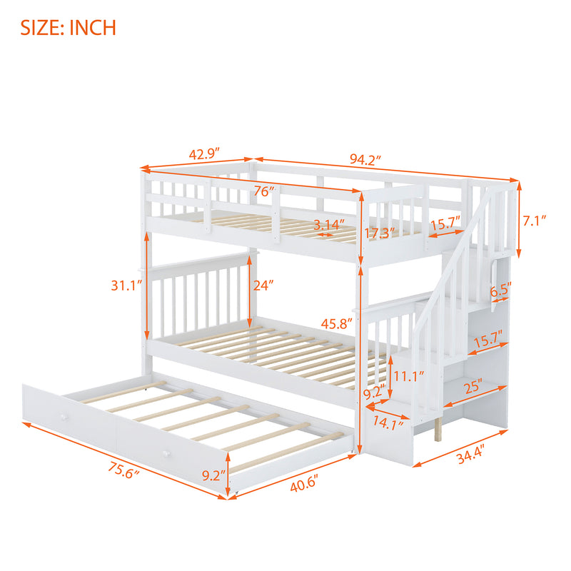 Stairway Twin-Over-Twin Bunk Bed with Twin size Trundle for Bedroom, Dorm, Adults, White( old sku: LP000209AAK )