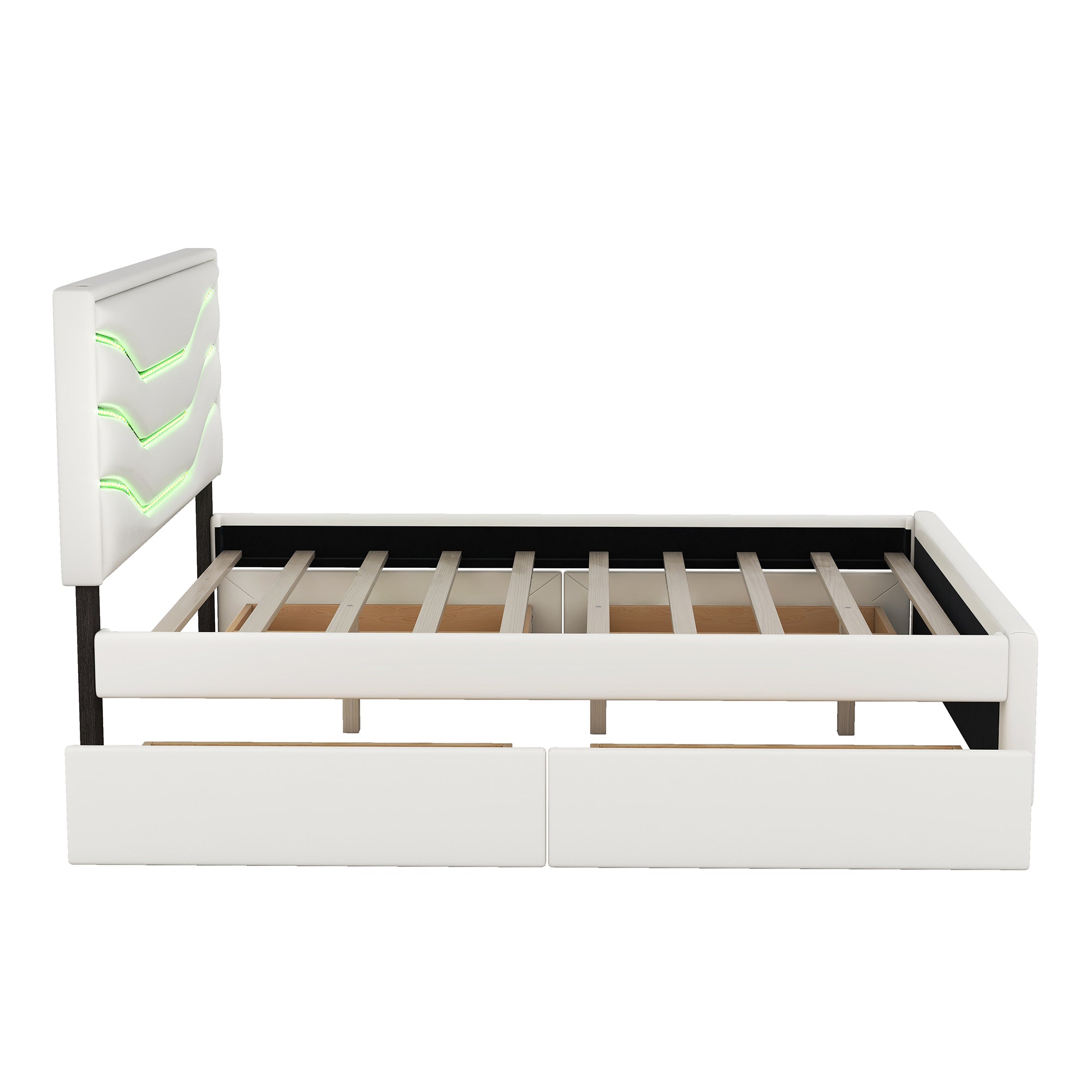 Queen Size Upholstered Storage Platform Bed with LED, 4 Drawers and USB Charging, White - Atlantic Fine Furniture Melbourne FL