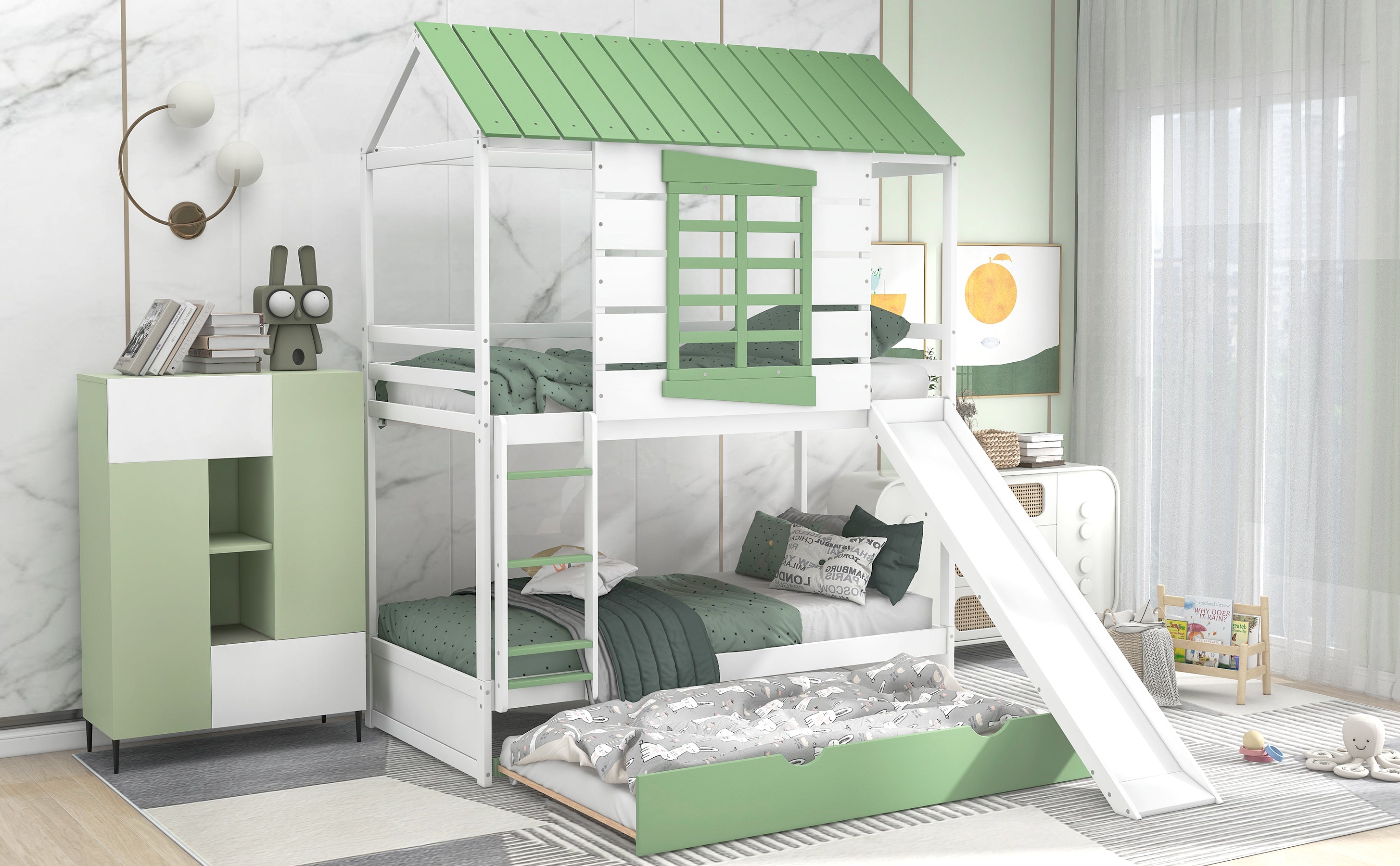 Twin over Twin Size House Bunk Bed with Convertible Slide and Trundle, White+Green - Atlantic Fine Furniture Melbourne FL