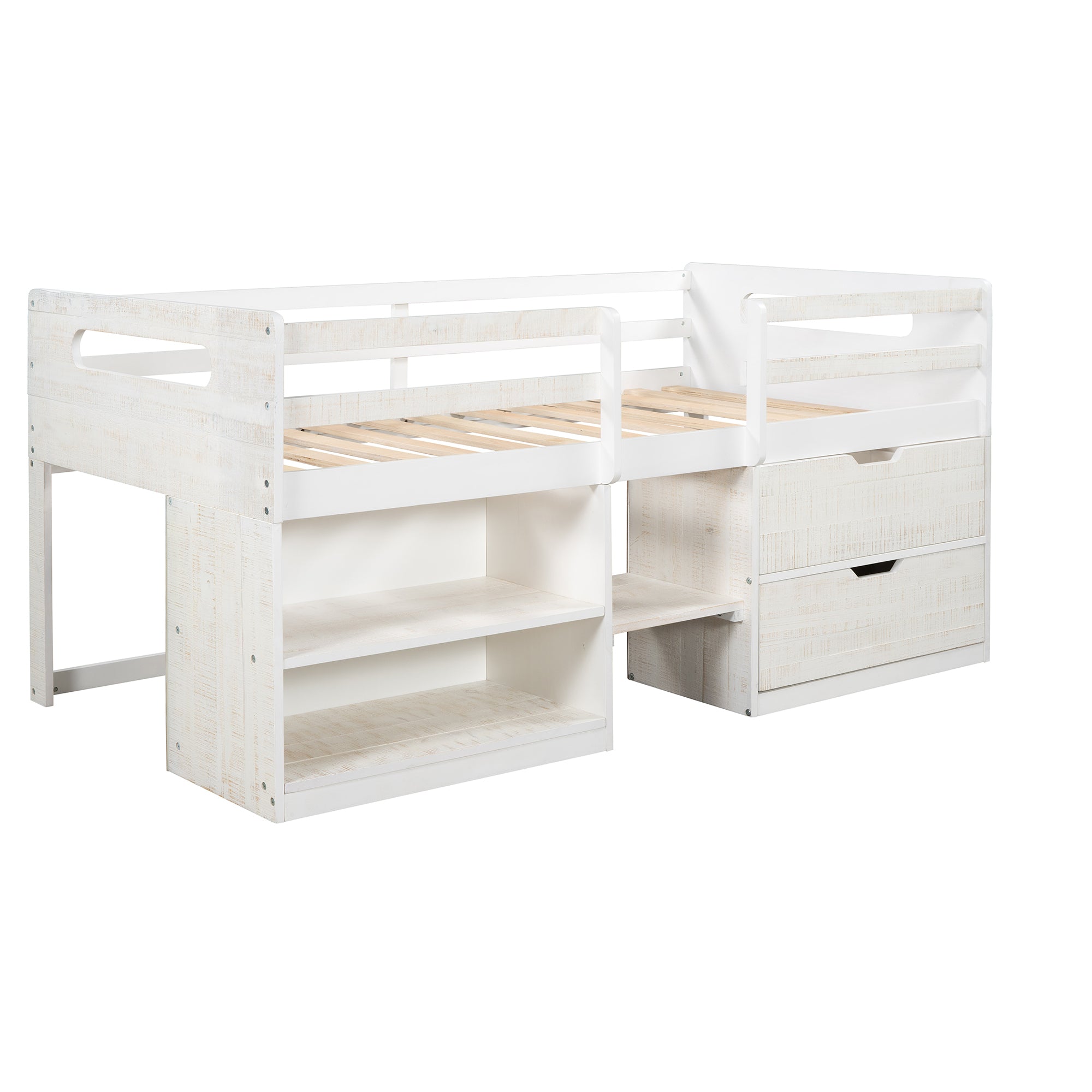 Twin size Loft Bed with Two Shelves and Two drawers (Antique White) - Atlantic Fine Furniture Melbourne FL
